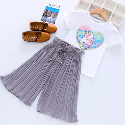 3 4 5 6 7 8 9 10 Years Girls Clothing Set Cute Unicorn Cotton Sequins Top And Chiffon Pants Children Suit Princess Kids Fashion