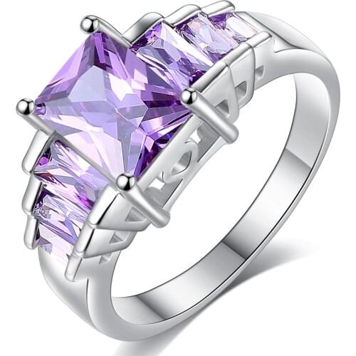 Lcuk Purple Princess Square Cut AAA Cubic Zirconia Ring Wedding Party Brand Rings For Women Silver Color Ring Jewelry Gifts