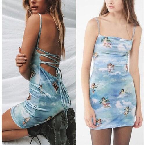 2019 Women Sleeveless Casual Spaghetti Strap Mini Dress Summer Angel Print Slash Neck Bandage Dress Elegant Short Party Dress