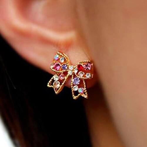 1 Pair Trendy Women Colorful Rhinestones Charming Golden Bowknot Earrings for Girls Chic Ear Studs Jewelry Gifts