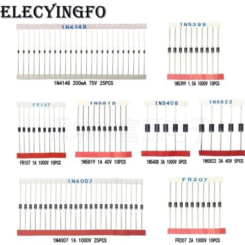 8 values 100pcs total Commonly used Diode sample kit 1N4148 4007 5819 5399 5408 5822 FR207 FR107