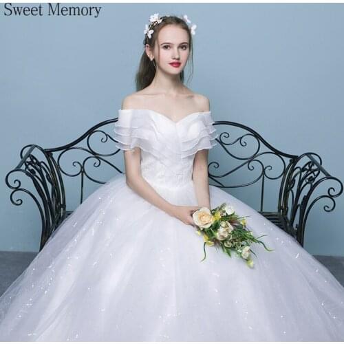 A898 Sweet Memory Boat Neck White Sequined Netting Wedding Dresses Princess Lace Up Fomral Gown Floor Length Party Vestidos