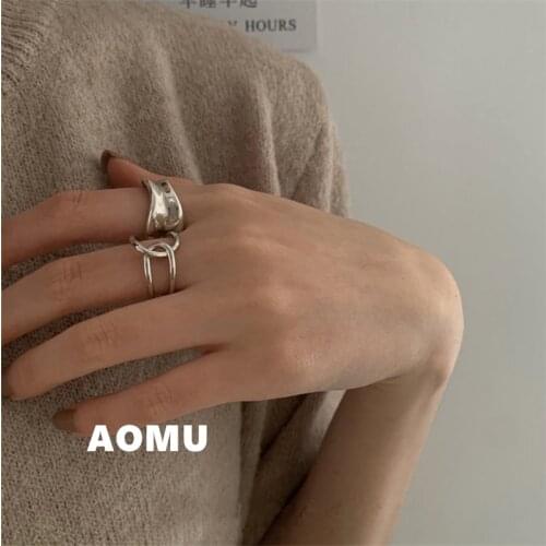 AOMU 2PCS/SET New Korean Irregular Interlaced Hollow Metal Simple Personality Opening Ring Set for Women Punk Fashion Jewelry