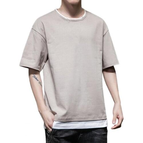 Men Summer T-shirt Fake Two Piece Solid Color Short Sleeve Round Neck Top for Dating Casual Tees Fashion Loose Clothing