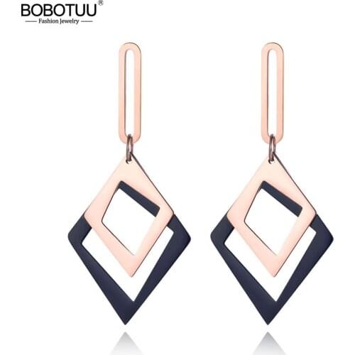 BOBOTUU New Double Layer Stainless Steel Geometry Earrings For Women Black/Rose Gold OL Style Ear Jewelry Wedding Gift BE19062