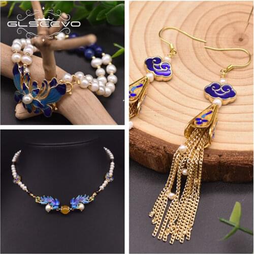 GLEVO Natural Freshwater Pearl Drop Earrings Necklace Bracelet For Women Anniversary Cloisonne Design Fine Jewelry Set GS0027