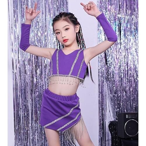 ChildrenS Hip Hop Costumes Girls Jazz Dance Suit Silver Tassel Purple Vest Skirt Street Dancing Clothing Stage Outfit DNV13155