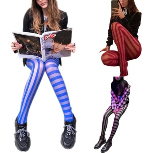 Summer Women Sexy See-through Pantyhose Vertical and Horizontal Stripe Printed Pattern Tights Black/ Wine Red/ Blue