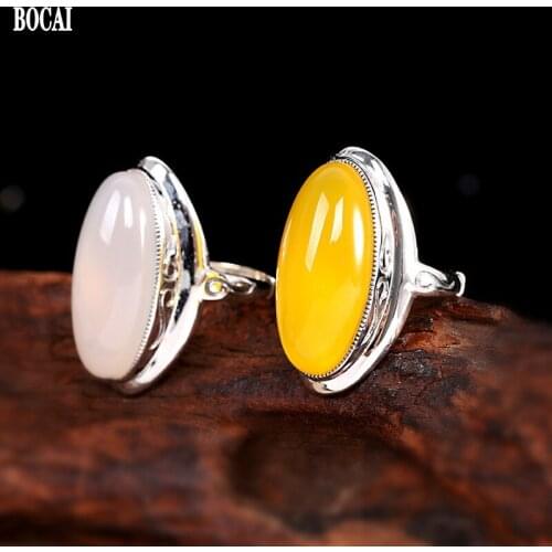 BOCAI New 100% Sold s925 Silver Inlaid Chalcedony Ring fashionable and Simple WomanRing