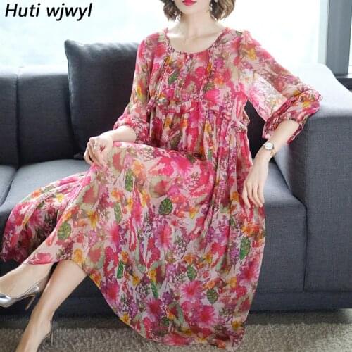 2021 Korean New Vintage Silk 3XL Plus Size Loose Midi Dresses Summer Print Beach Elegant Maxi Sundress Women Boho Party Vestidos