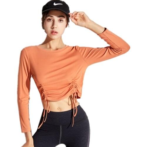 Autumn New Sport Top Women Fitness Jersey Elasticity Gym Long Sleeve Breathable Yoga Crop Top Female Drawstring Running T-shirt