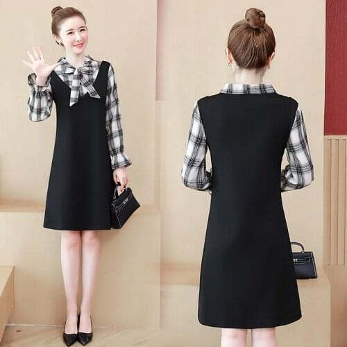 A-line Solid Full Fashion Elegant Plaid Clothes Fake Two-piece set Plus Size Dress Work Casual Streetwear Party Club Dress