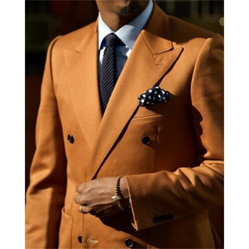 Orange Double Breasted Mens Suits Evening Party Wear Two Pieces Formal Occasion Peaked Lapel Wedding Dress Suit Coat Pants