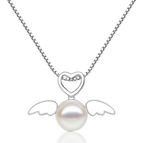 Fashion Sweet Heart-Shaped Angel Wings Pearl Necklace Elegant Silver Color Necklace for Women Jewelry Gifts