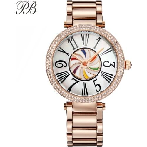 PB Luxury Brand Women Watches Stainless Steel Colorful&Roman Numeral Crystal Quartz Waterproof Ladies Rose Gold Relogio Feminino
