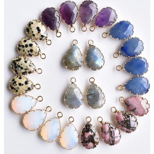 Wholesale 12pcs/lot Natural ShimmerStone amethysts section water drop shape gold color Connector pendants for jewelry making