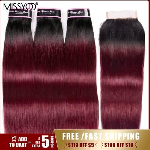Dark 1B 99J Bundles With Closure Straight Weaves Human Hair With Closure Ombre Hair 3 Bundles Brazilian Remy Hair Extensions