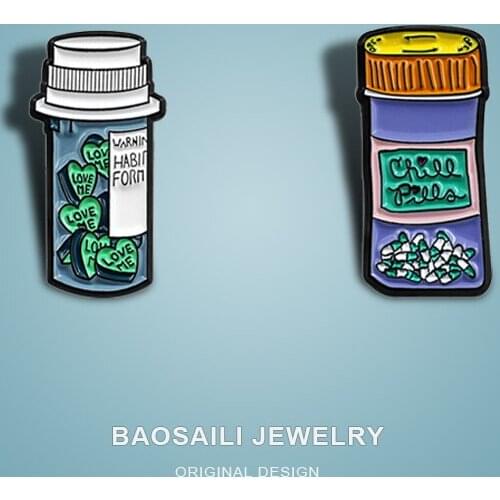 Creative Love Passion Sugar Pills And Cool Sugar Pills Bottled Brooch Fashion Clothing Enamel Label Pins Shirt Badge