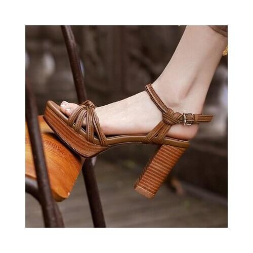 Summer Genuine Leather Sandals Wood Platform Brown Chunky High Heels Slingbacks Gladiator Ladies Dress Shoes Women Sandalias