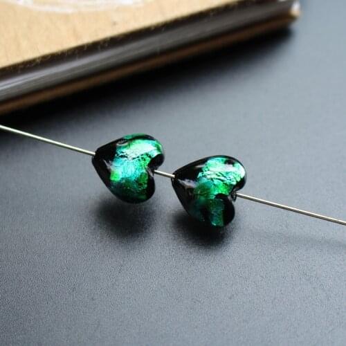 10pcs/Lot 12mm Heart Shape Lampwork Glass Beads Handmade Lampwork Glass Foil Beads Green Color for jewelry Making DIY