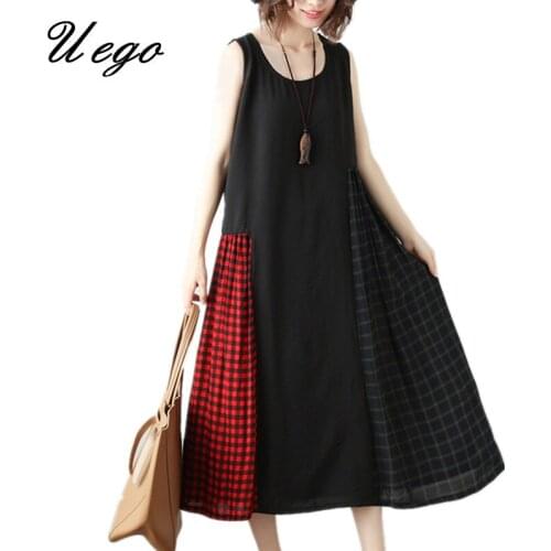 Uego Sleeveless Loose Summer Dress Fashion Patchwork Print Thin Light Cotton Linen Women Casual Dress New Arrival Lady Dress
