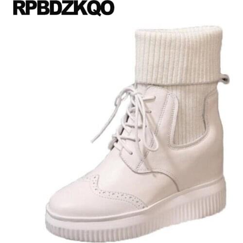 Lace Up Shoes Beige Platform Women Ankle Boots 2021 Round Toe White High Quality Heel Elevator Knit Genuine Leather Flatform New