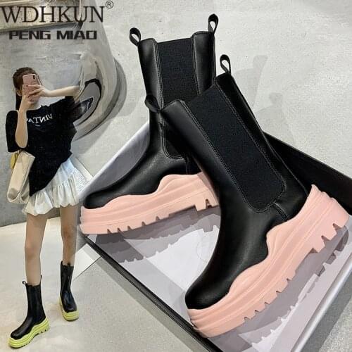 WDHKUN 2021 Newest Genuine Leather Boots Women Stretch Platform Chelsea Thick Sole Female Shoes Mid Calf Square Toe Botas
