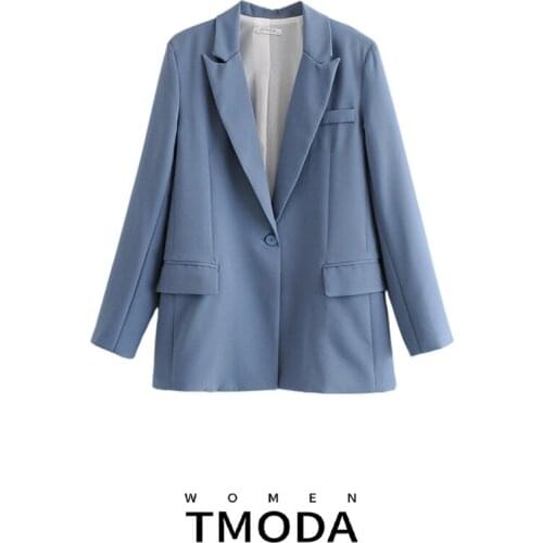 TMODA698 Women 2021 Fashion Office Wear Single Button Basic Blazer Coat Vintage Long Sleeve Pockets Female Outerwear Chic Tops