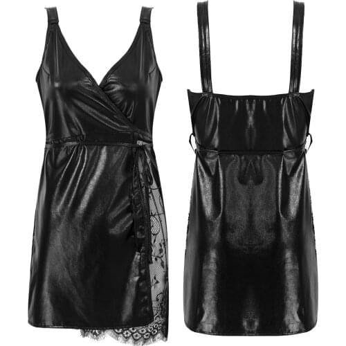 Womens Fashion Streetwear See-through Lace Patchwork Belted Dress Neck Wide Shoulder Straps Dress Wetlook Patent Leather Dresses
