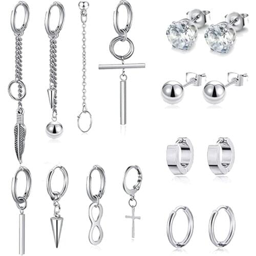 12Style tainless Steel Hoop Cross Dangle Hinged Earrings Long Chain Feather Pendant Earrings Piercing Huggie CZ Stud Earrings Se