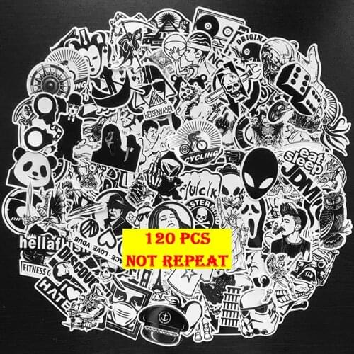 120Pcs/Pack Black and White Stickers Graffiti Punk JDM Cool Stickers for Kids Sticker on Laptop Skateboard Suitcase Bike Helmet