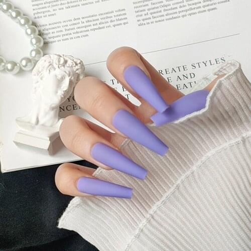 24pcs/set Simple Matte Fake Nails European Long Coffin Shaped False Nails Blue Purple Artificial Salon Ballerina Nail Art Tools