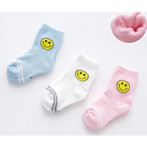 3 pair of winter group boys and girls cartoon lovely smiling face and thick warm baby Terry Cotton Socks