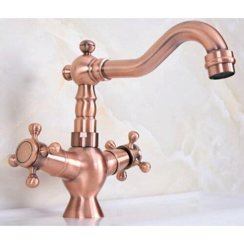 Antique Red Copper Bathroom Basin Faucet Swivel Spout Kitchen Sink Mixer Faucets Deck Mounted Dual Handle Taps lnf616