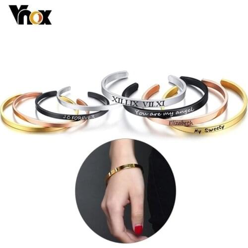 Vnox Free Personalize 4/6/8mm Simple Cuff Bracelets for Women Men Basic Stainless Steel Bangles Custom Name Pulseira Gift