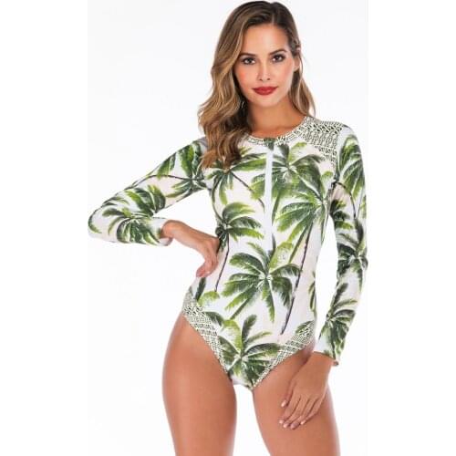 One Piece Swimsuit Front Printed Swimming Suit For Women Palm Pritned Long sleeve Female Bathing Suits Bodysuit Beach Wear