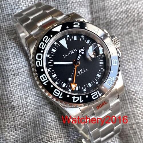 BLIGER 40mm Mens Watch Orange GMT Mechanical Wristwatch Sapphire Glass Black Insert Date Magnifier Brushed Oyster Slide Clasp