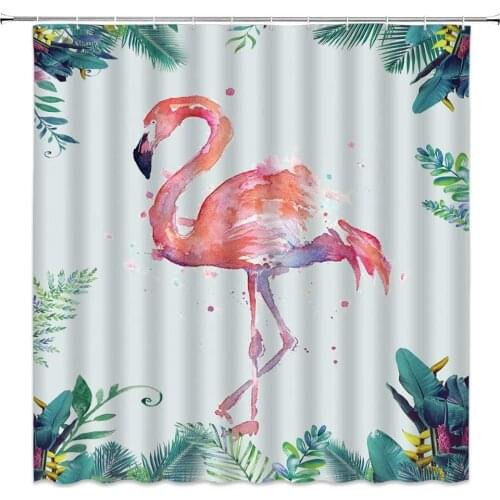 Flamingo Shower Curtain Watercolor Red Bird Green Plant Leaf Bathroom Decor Polyester Fabric Home Bath Cloth Hanging Curtain Set