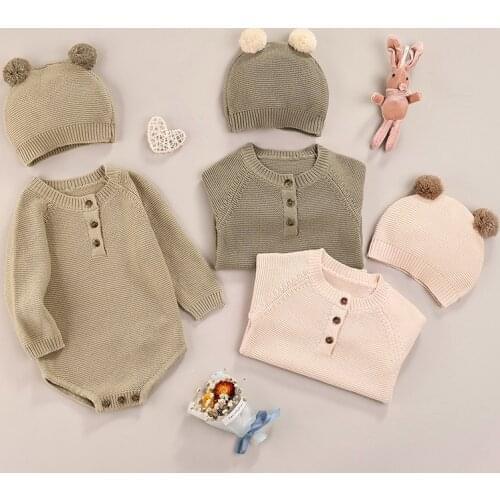 FOCUSNORM 0-4Y Autumn Winter Baby Girls Boys Jumpsuits Sweater+Hats 2pcs Solid Long Sleeve Knitting Rompers 3 Color