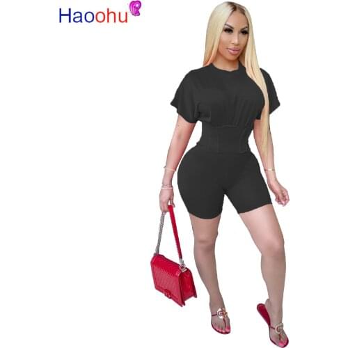 HAOOHU Waist Shaping Two Piece Set Women Summer Tracksuit Crop Top and Biker Shorts Lounge Wear 2 Piece Outfits Matching Sets