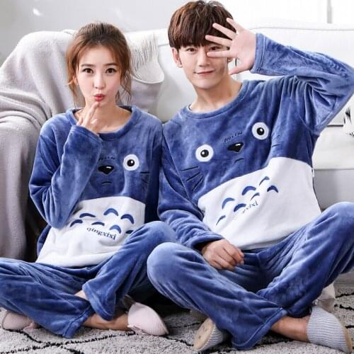 Lovers Pajamas Set Winter Warm Flannel Pajamas Cute Cartoon Homewear Thick Female Sleepwear Plush Pyjamas Suit Male Sweatshirt