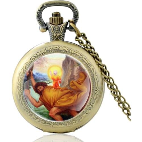 St. Christopher Crosses The River With Jesus On His Pattern Quartz Pocket Watch Men Women Pendant Necklace Hours Clock Gifts