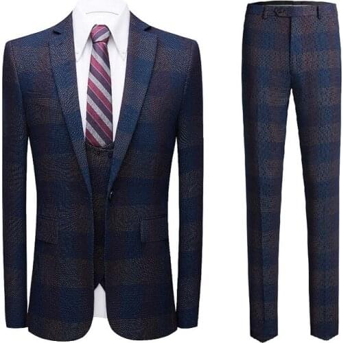 Mens Plaid Suit Blue Gray Mens Tuxedo 2021 Slim Mens Business Tuxedo Wedding Dress Men Classic Suit Formal Jacket Pants Vest