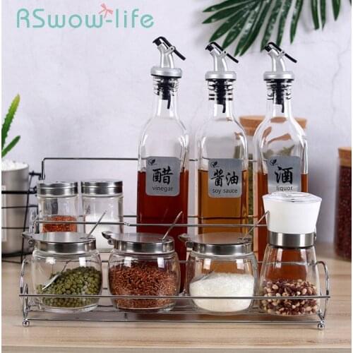 10Pcs Kitchen Supplies Spice Storage Glass Cruet Set Suit Seasoning Cans + Rack Spice Rack Spice Jar For Kitchen Gadgets