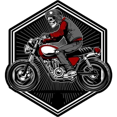 Retro old school sticker decal with skull wearing helmet riding an old motorcycle #04013