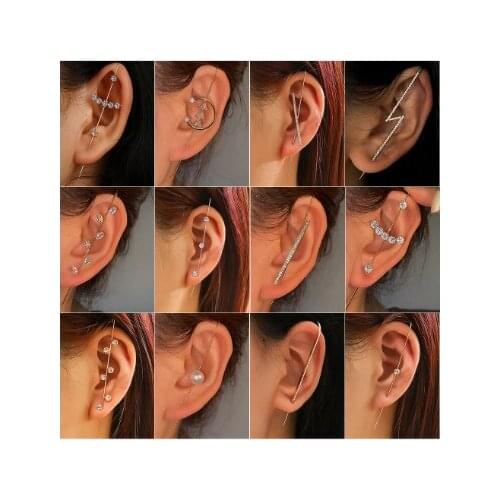 New cool wind inlaid diamond earring simple personality piercing female lightning leaves auricle-type diagonal earring