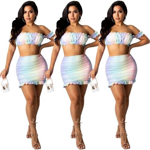 Charming Women Ruffles Skirts Newest 2021 Slash Neck Print Sleeveless Vest Tops Ruffle Bodycon Mini Skirt Two Pieces Party Sets