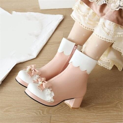 PXELENA Lovely Princess Lolita Ankle Boots Women 2021 Winter Block Med Heels Ruffles Pearls Bow Knot Dress Party Shoes Plus Size