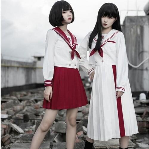 War & Rose Original Design Cool Japanese Womens JK Uniform: Long/Short Sleeves Sailor Collar Blouse Shirt + Pleated Skirt