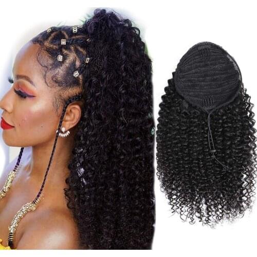 Sapphire Kinky Curly Drawstring Ponytail Curly Human Hair Clip In Extensions Brazilian Curly Human Hair Ponytail Natural Color